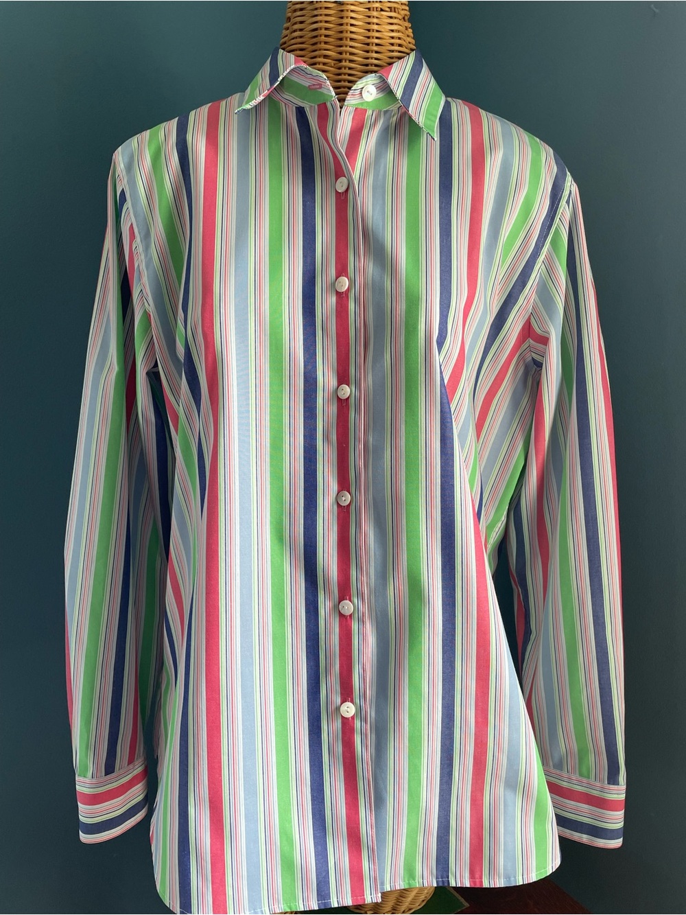 Orvis Vertical Striped Multi Colored Button Down Shirt Size 12 Green Blue Pink